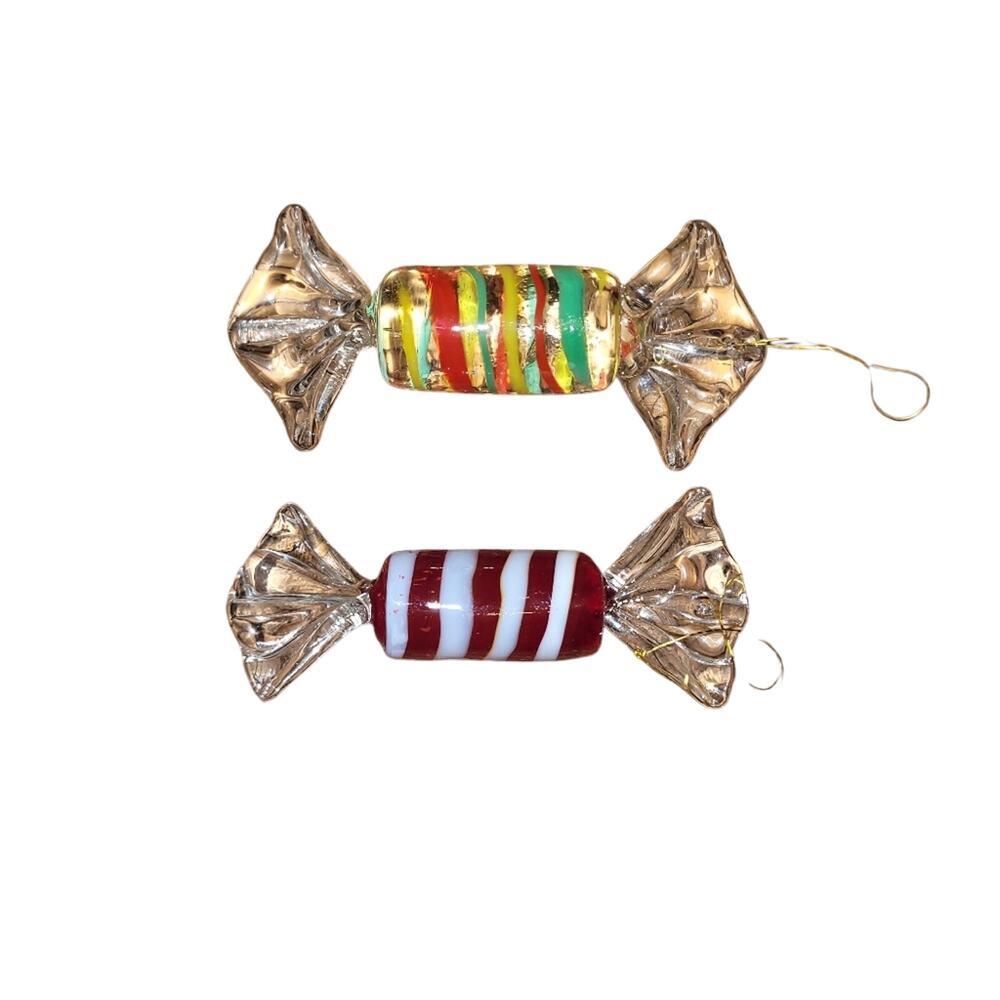 Vintage Blown Glass Wrapped Christmas Candy Ornaments Set Of 2 Art Glass
